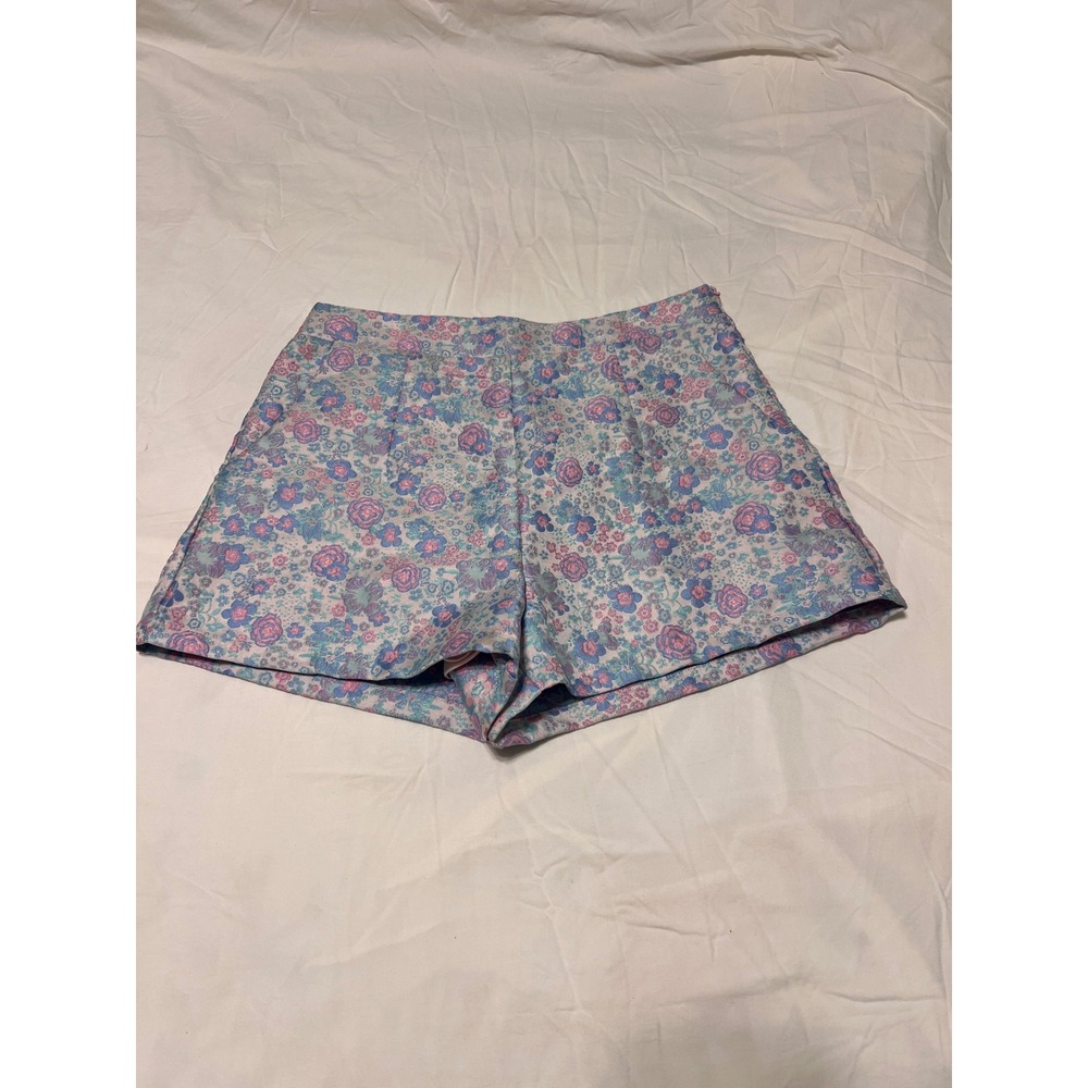 TCEC Floral Jacquard High Waisted Shorts Blue Pink Rose Pleated Size M
